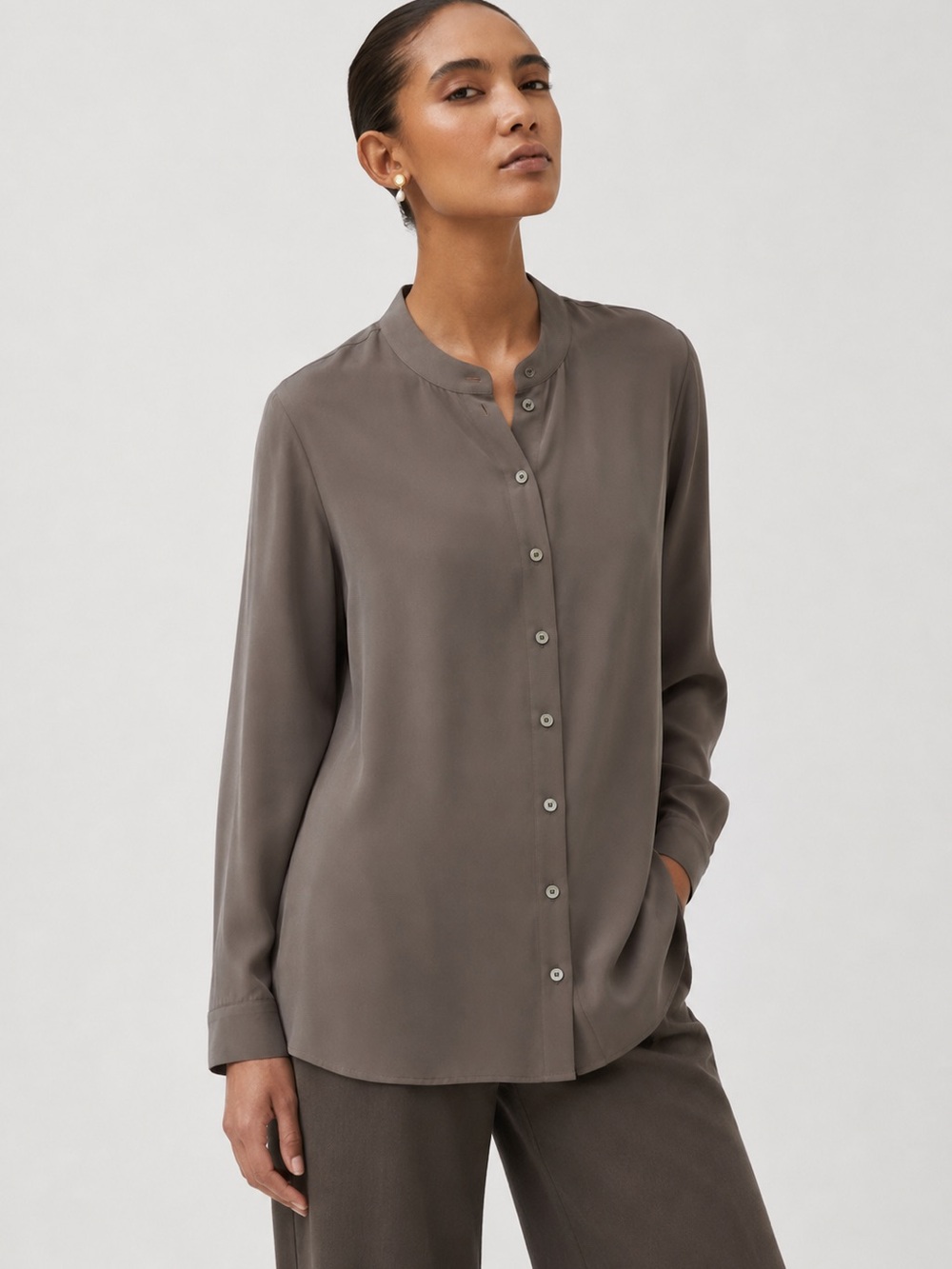 Eileen Fisher 100% Silk NWT The Long Shirt Gray Button Front Blouse Women S